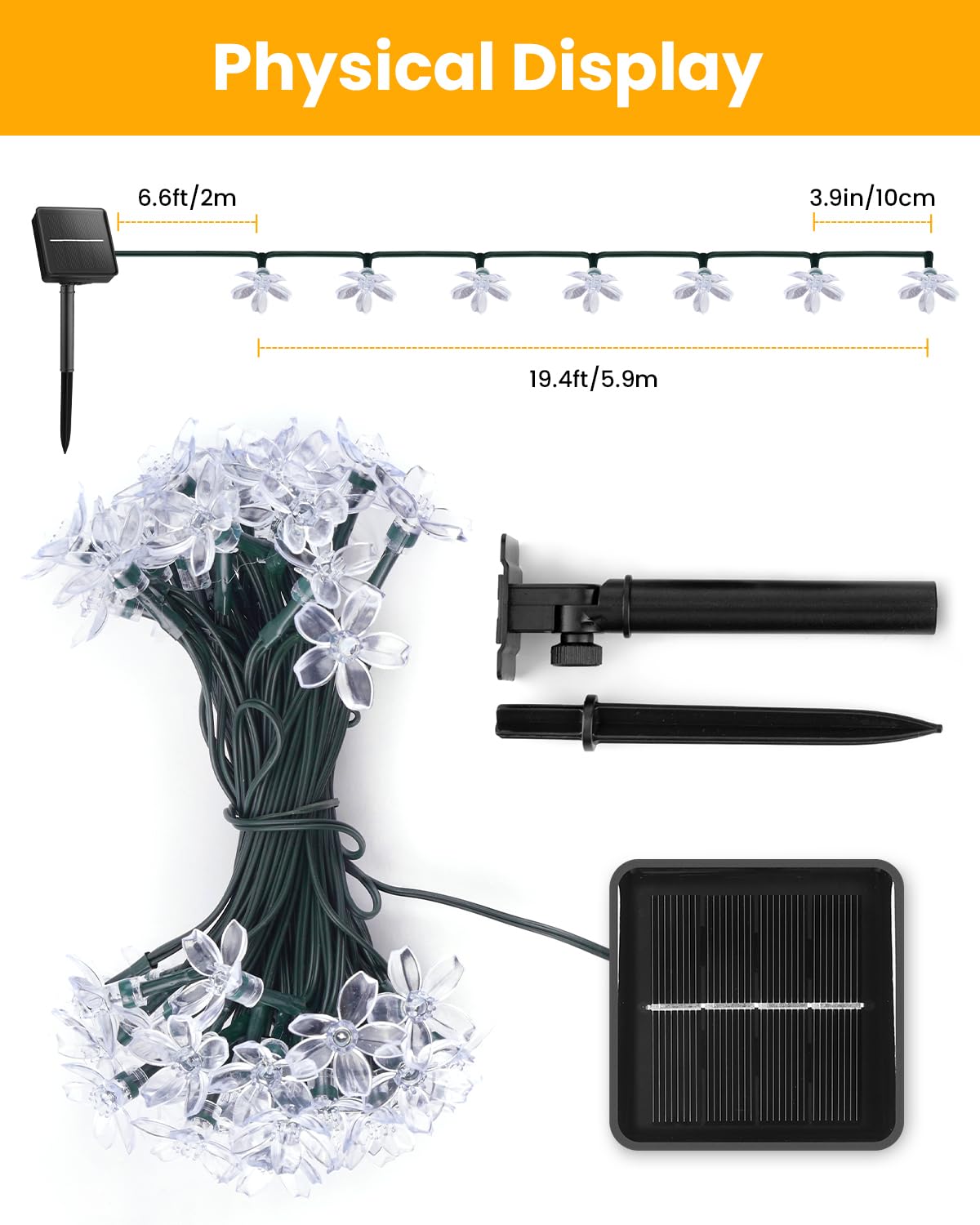 Brightown 60 LED Solar String Lights Flower Outdoor Waterproof Fairy Lights for Garden Yard Fence Patio Christmas Tree Wedding Party Decor, Warm White