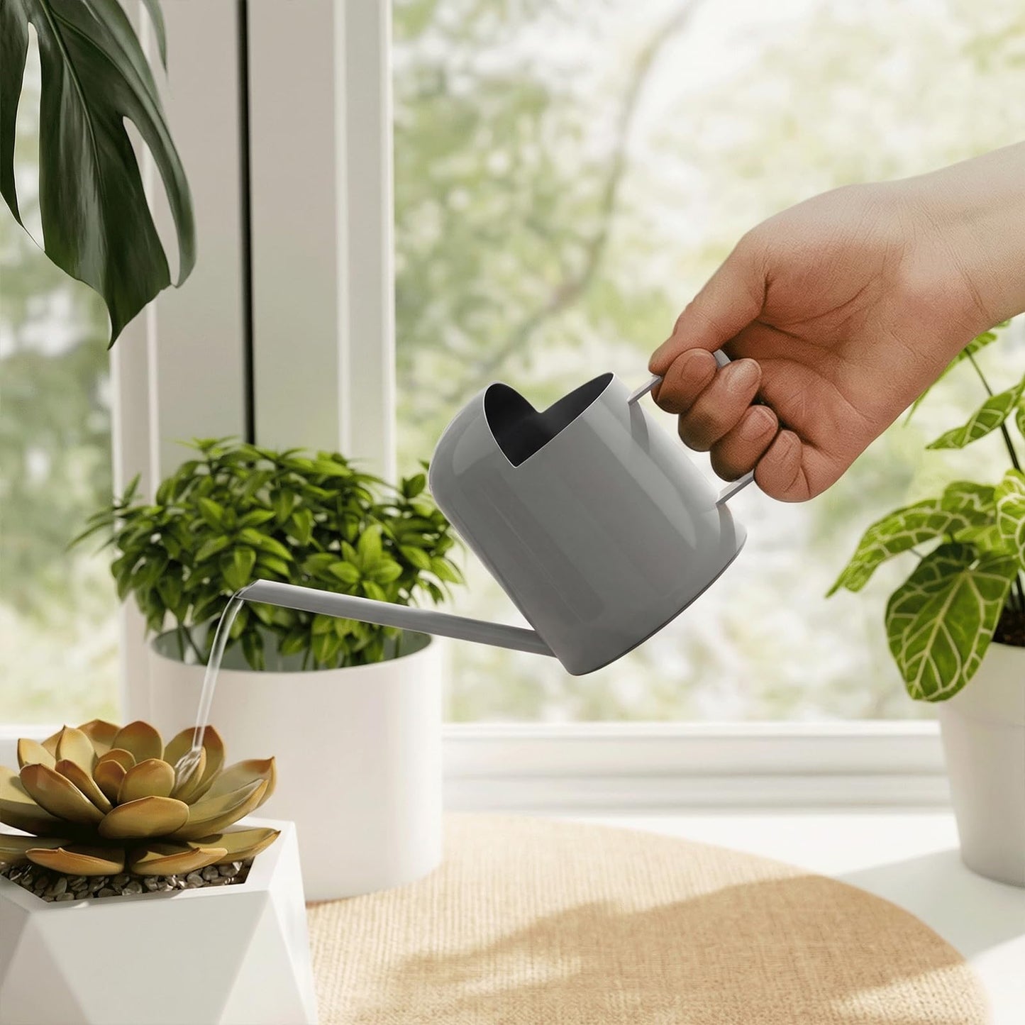 Bamworld Small Watering Can Indoor Outdoor Plant Black Metal Stainless Steel Long Spoutt Flowers Watering Cans for House Garden Plants 10OZ Watering Bottle Cute Stylish Gardening Decoration(Grey)