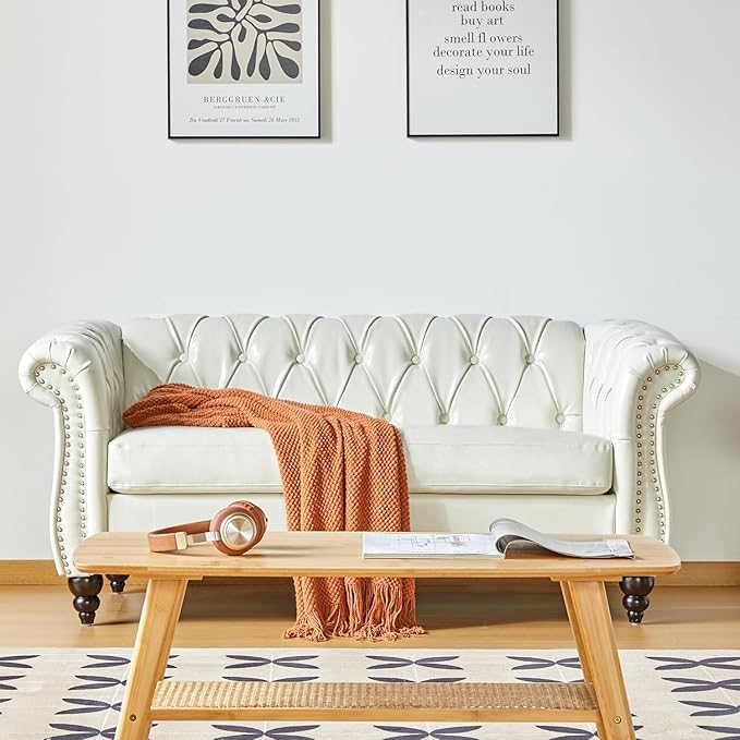 Mid-Century 2 Seater Sofa, Faux Leather Loveseat