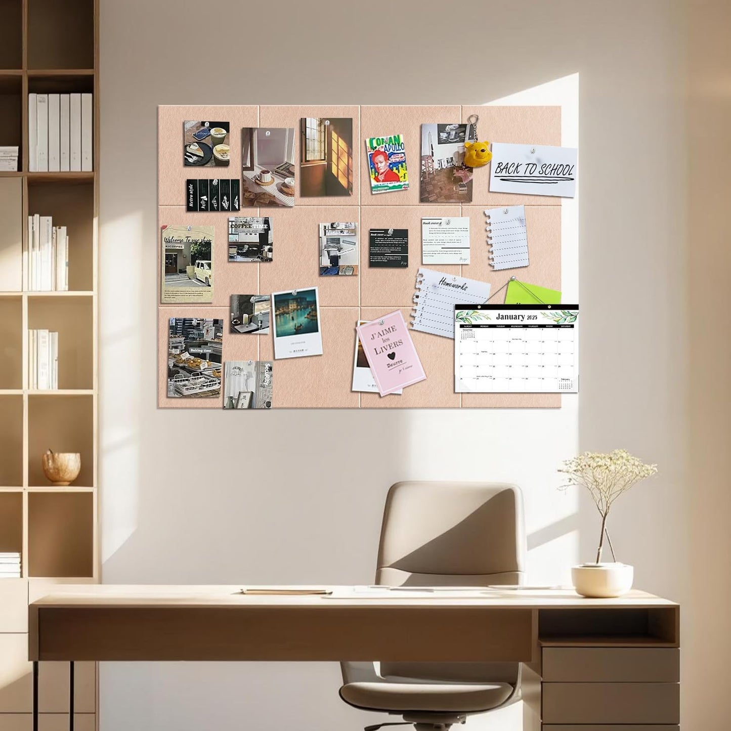 TSJOFFICE Large Cork Board for Wall - 48" x 36" Bulletin Board with 50 Pushpins for Office Decor, Pin Board 12 Pack Felt Wall Tiles with Safe Removable Adhesive Tabs, Corkboard for Home - Cinnamon