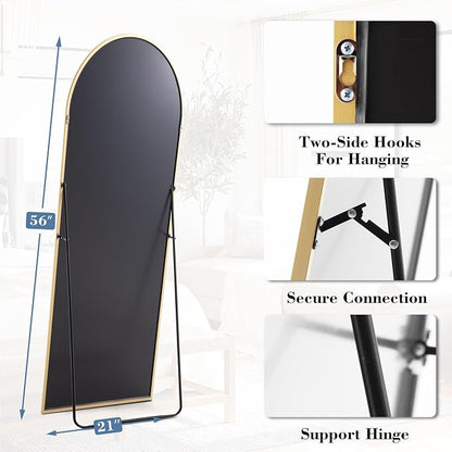 NEWBULIG Arched Mirror Full Length, 56"x15" Body Wall Mirrors with Shatter-Proof Glass, Upgraded Floor Standing Mirror, Hanging or Leaning, with Stand Aluminum Alloy Frame for Home Decor, Gold