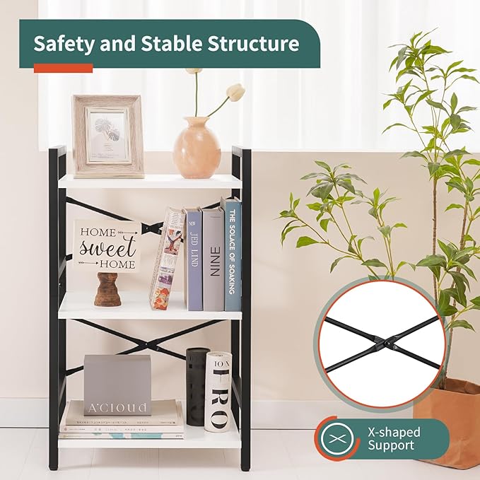 Yoobure Bookshelf Small Book Shelf, Solid Industrial 3 Tier Shelf Bookcase