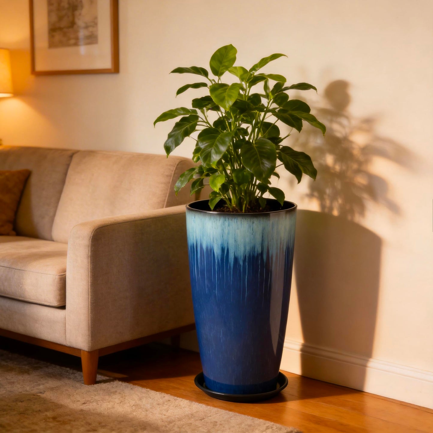 LESOASIS 21 inch Tall Planter, Set of 2 Tall Planters for Outdoor & Indoor Plants, Large Outdoor Planters for Front Porch, Patio, Garden (Blue Flowing Glaze)