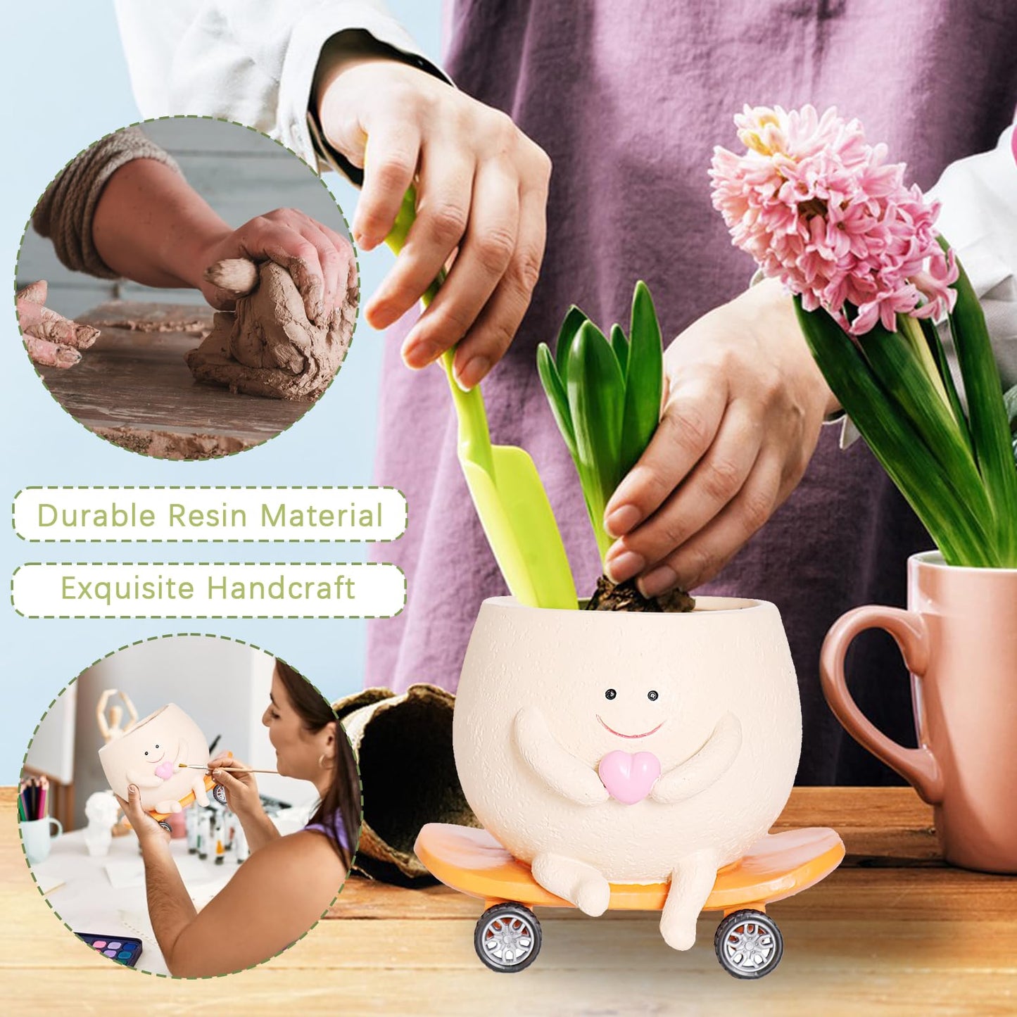 Funny Smily Face Planter Pot with Drainage Hole for Indoor and Outdoor Unique Resin Rolling Skate-Shaped Succulent Flower Pots Novelty Gift for Valentine's Day, Home Decors