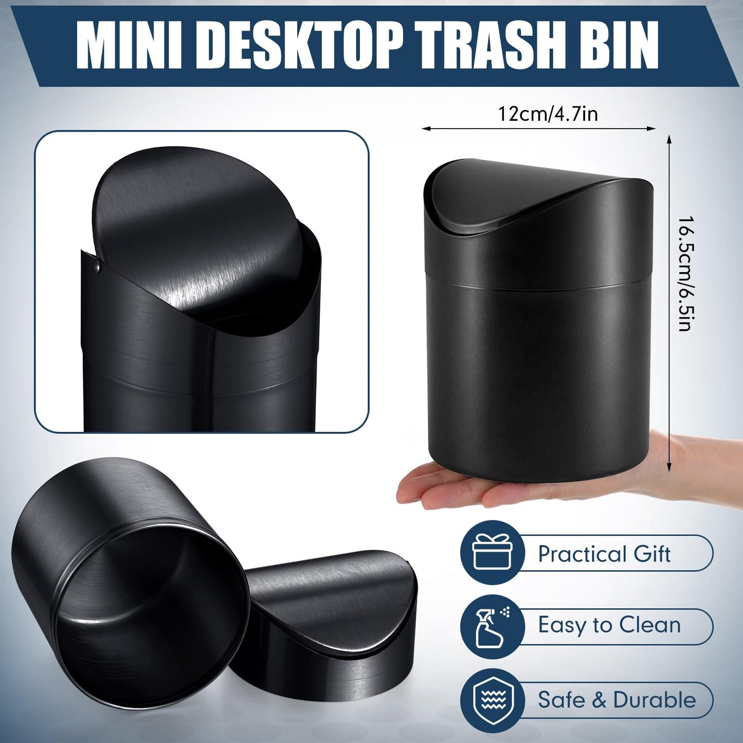Yiyiring 2 Pcs Desk Trash Can with Swing Lids, 12 Rolls of Trash Bags, 2L Brushed Stainless Steel Countertop Garbage Bin Small Wastebasket with Lid for Office Desk, Coffee Table (Black)