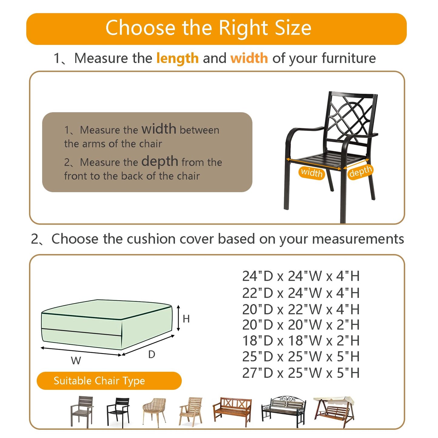 Oslimea Outdoor Cushion Covers Replacement 22x20x4 inch 2Pack Patio Furniture Cushion Seat Cover Waterproof Washable Sofa Couch Chair Slipcover Furniture Protector, Black, Halloween Decoration