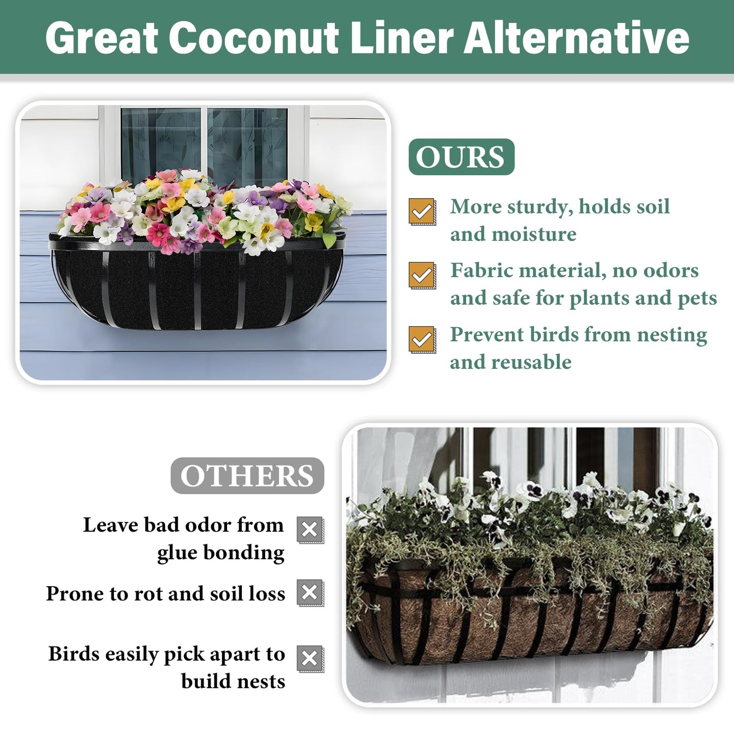 Riare 6 Pack 36 Inch Black Felt Window Box Liners- Fabric Trough Planter Basket Liners Replacement, Non-Woven Hanging Plant Liner for Wall Hanging Basket, Garden Fence Railing (Avoid Bird Nesting)