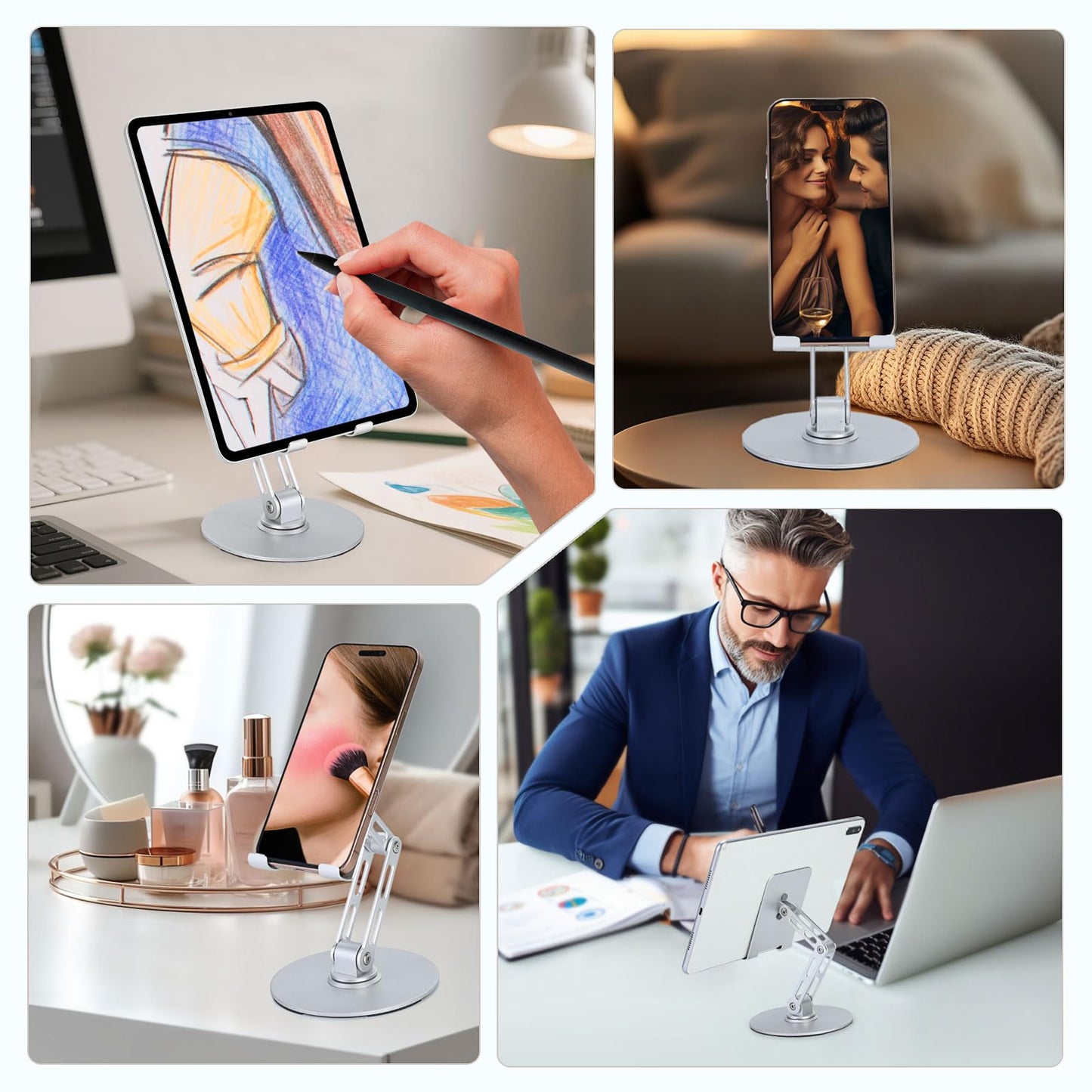 Xiaoshuang Adjustable Aluminum Phone Stand for Desk, No Wobble Heavy Base, Height Adjustable iPhone & iPad Stand, 360° Rotating Foldable Phone Holder for Desk Office Home (4–11”)