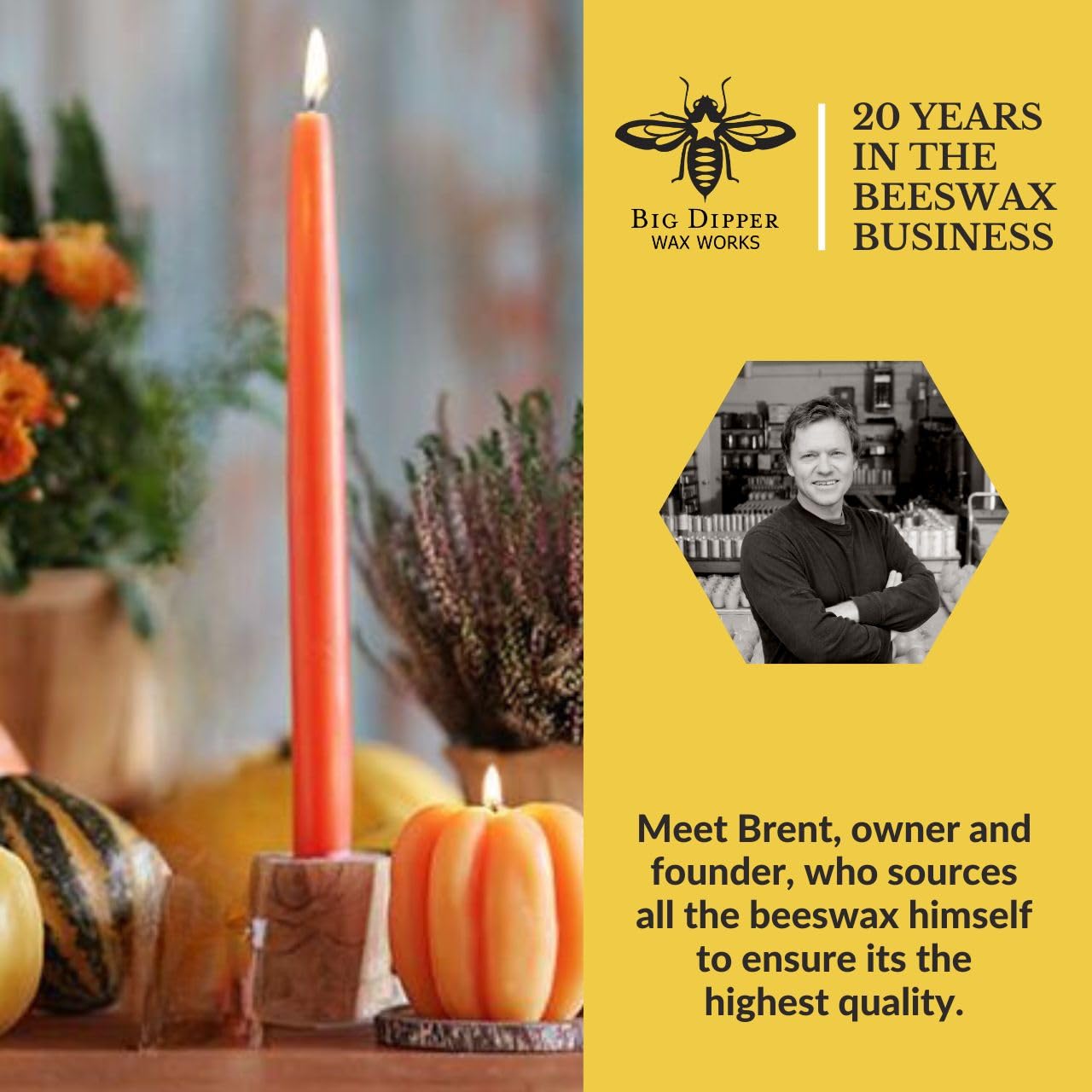 Big Dipper Wax Works Pumpkin Hand-Dipped Beeswax Taper Candles – 12” x 7/8”, 2-Pack, 100% Pure Beeswax, Long Burning, Clean, Cotton Wick, Handmade in USA, Home Décor & Wedding Candles