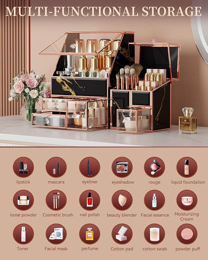 CoralHouse Black Glass Makeup Organizer with Lid, 3-Piece Vanity Organizer with Gold Frame, Cosmetic Display Case for Skincare, Perfume, Lipsticks, Brushes, Bathroom Countertop & Dresser