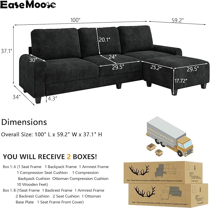 EASE MOOSE 100" Chenille L-Shaped Sectional Sofa, Modern Deep Seat Modular Couch