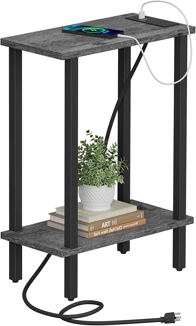 TUTOTAK Small End Table with Charging Station, Narrow Side Table with USB Ports
