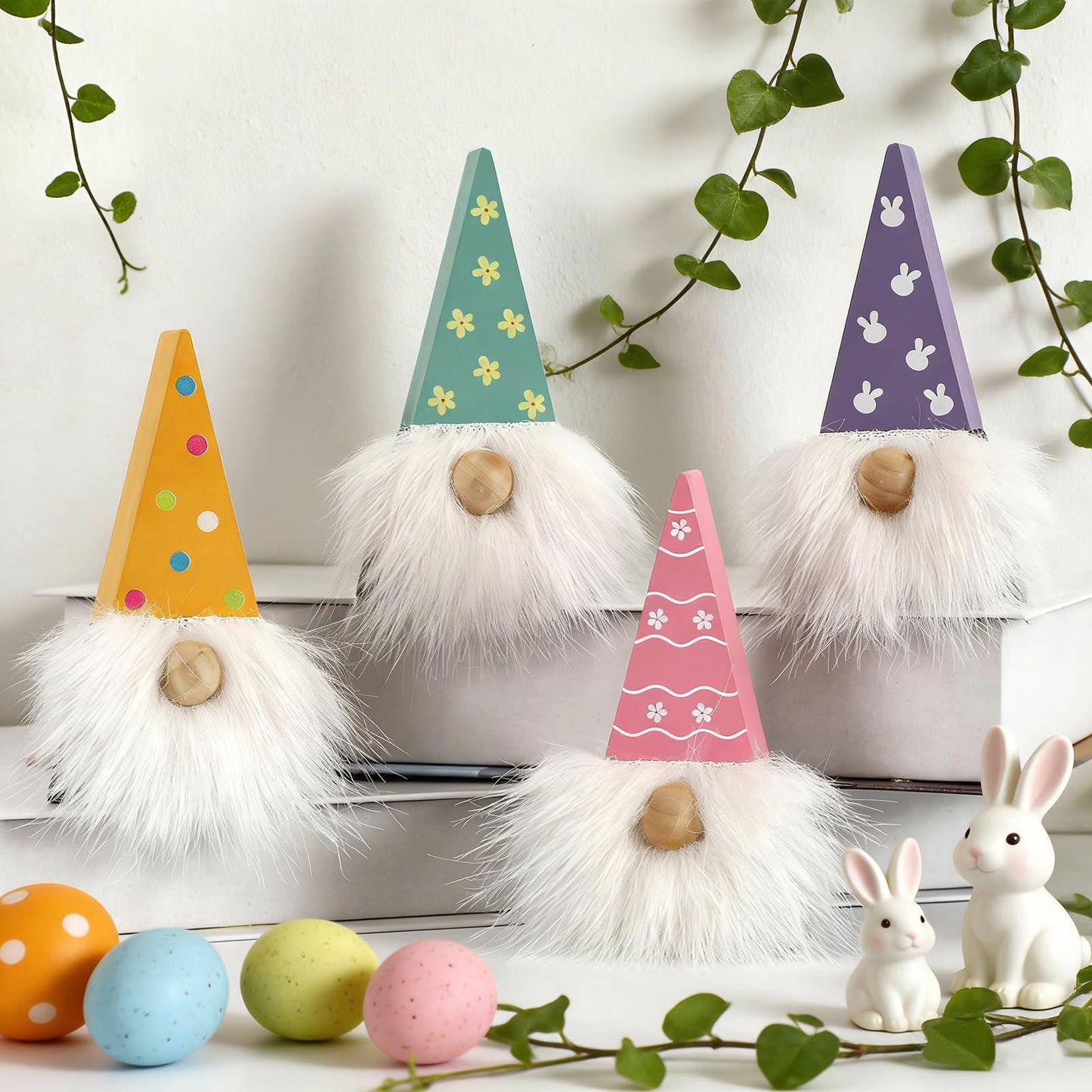 DAZONGE Easter Decorations, Easter Gnome Decor, 4PCS Wooden Spring Gnomes with Faux Fur Beards, Cute Gnome Figurines for Tiered Tray Mantel Shelf Table