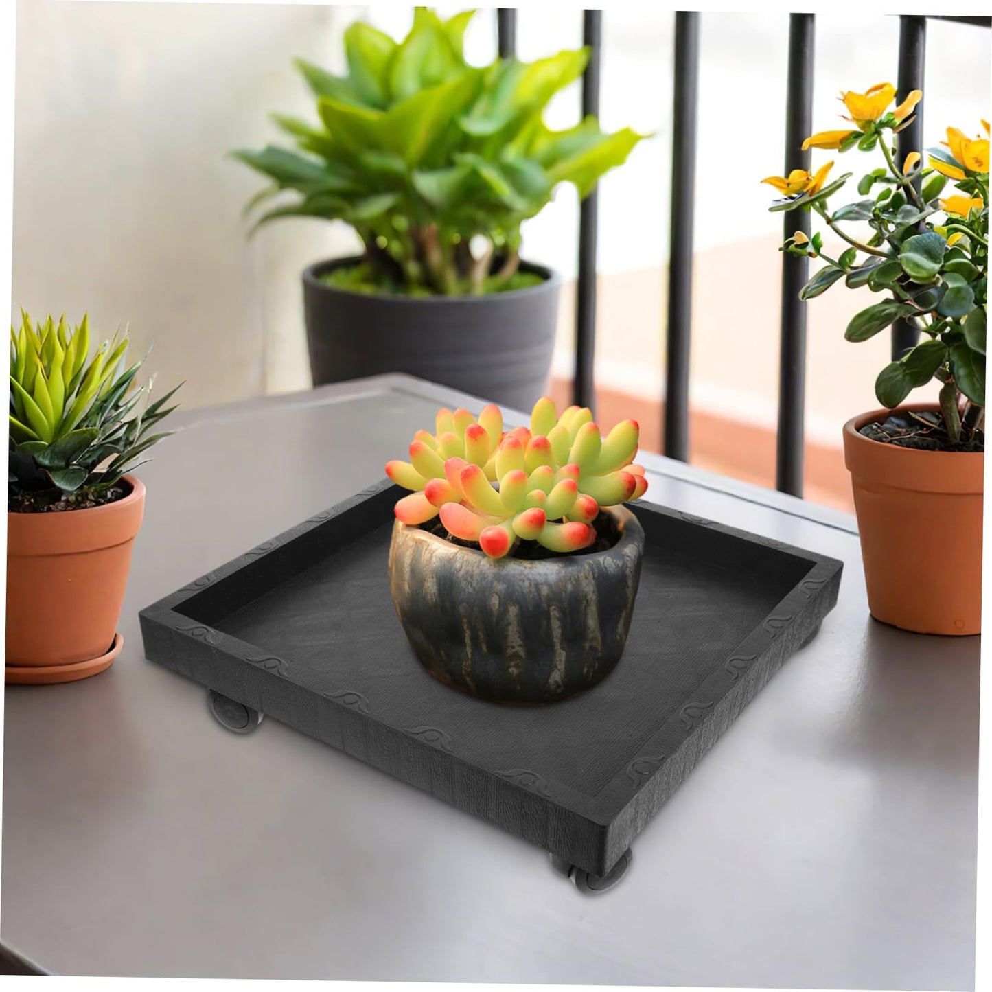 DOITOOL 14.2 Inch Square Plant Saucer with Wheels, Heavy Duty Plastic Rolling Plant Stand Flower Pot Tray for Indoor and Outdoor Use Mobile Planter Holder for Garden Patio Balcony Deck (Grey)