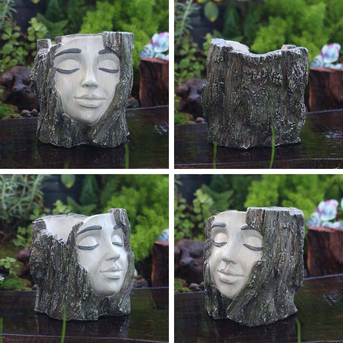 YOYLMAL Tree Stump Face Planter Pot, 4.9” Resin Women's Head Succulent Planter for Indoor Outdoor Plants, Unique Flower Pot with Drainage Hole, Gifts for Women Mom