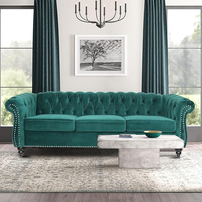 Mid-Century 3 Seater Sofa, Velvet Couch