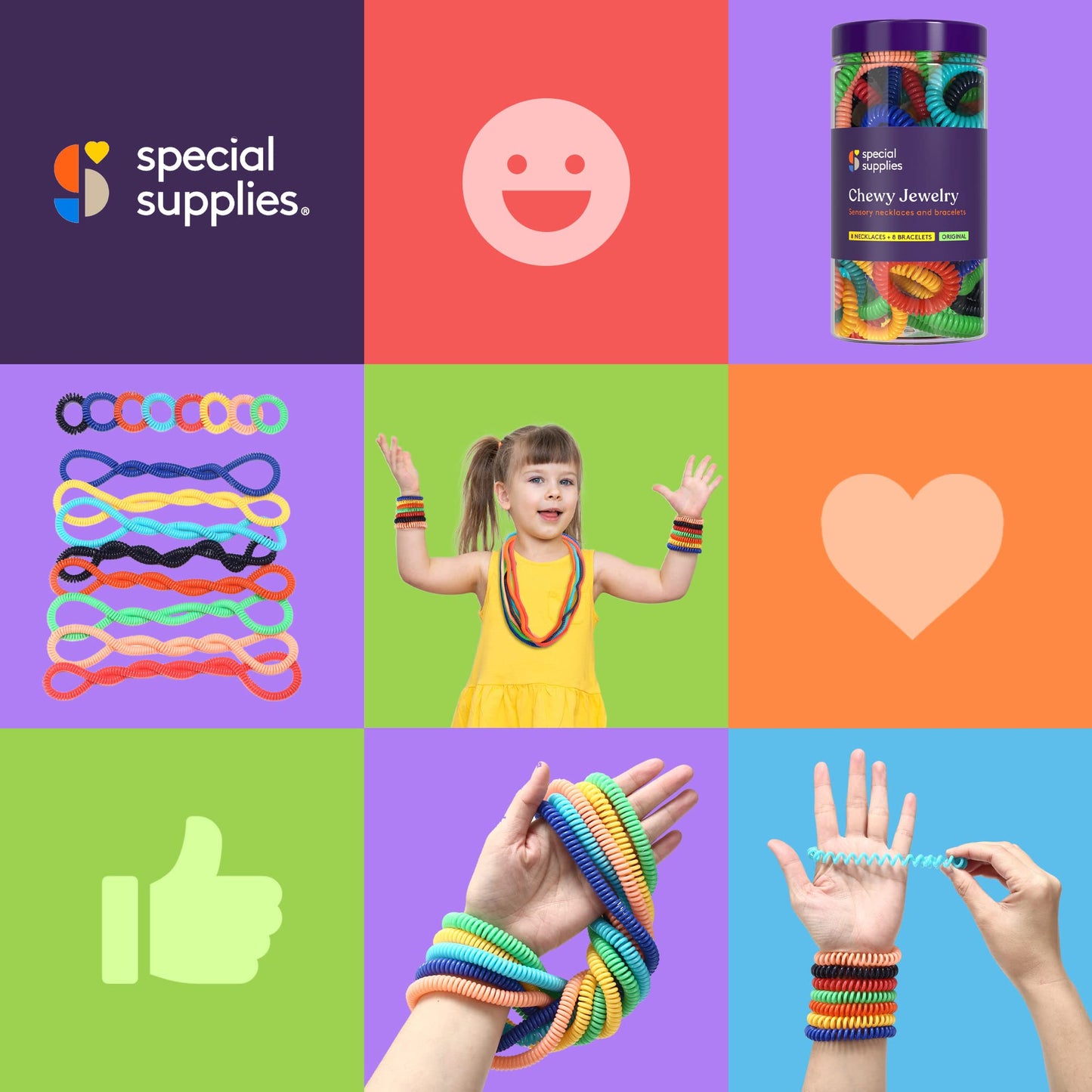 Special Supplies Chewy Jewelry Sensory Necklaces and Bracelets, 16 Pack, Soft and Flexible Silicone, Interactive Relief for Kids (Multicolor)