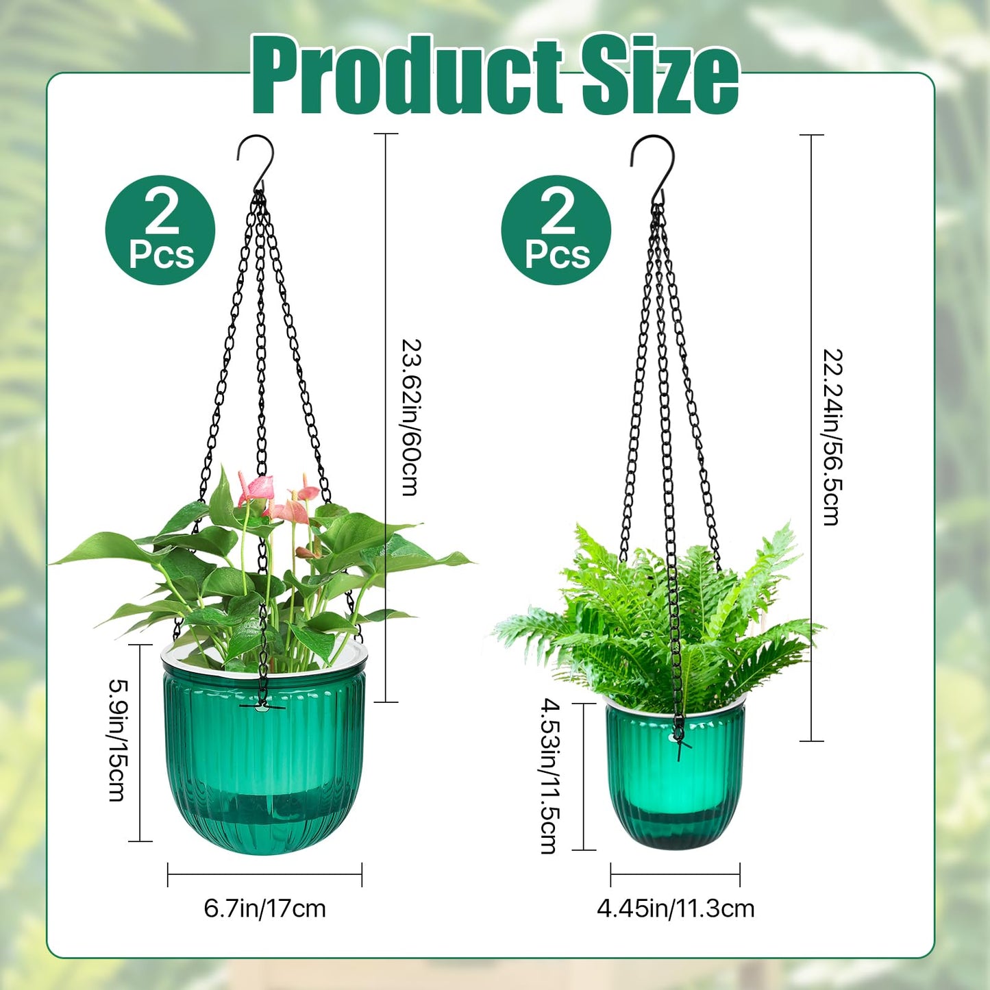 Boocalny 4Pcs Self Watering Hanging Planter, 6.5'' 4.5'' Hanging Plant Pots with Drainage Holes,Plastic Hanging Plant Flower Pots Baskets,Visible Hanging Planters for Indoor Plant Garden Home(Emerald)