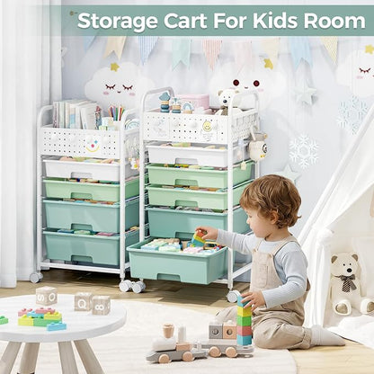 5 Drawer Rolling Storage Cart with Pegboard Top and Hooks, Mobile Organizer Cart with Wheels for Office Supplies, Craft Storage, Classroom Organization, Home Utility Cart, Gradient Green