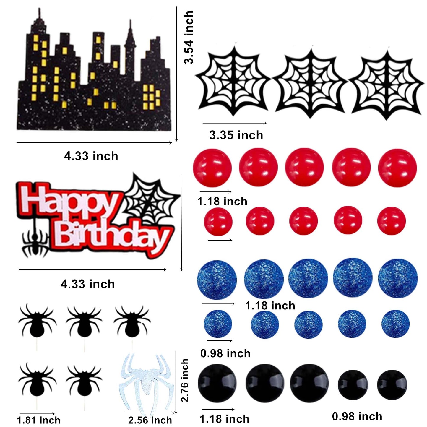 Spider Cake Topper, Spider Web Cake Decorations Spiders Theme Cake Decor Glitter Happy Birthday Toppers Red Black Blue Balls Cupcake Topper for Boys Men Baby Shower Party Supplies
