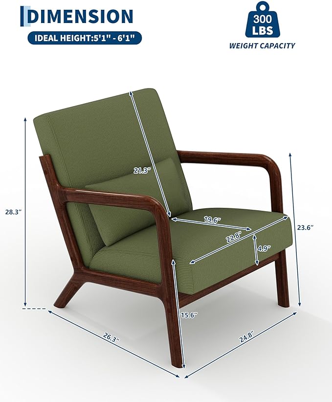 Garvee Mid-Century Modern Accent Chair, Fine Wale Corduroy Upholstery, Solid