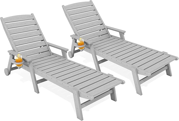 KINGYES HDPE Lounge Chair Outdoor Set of 2, Patio Chaise Lounge Recliner