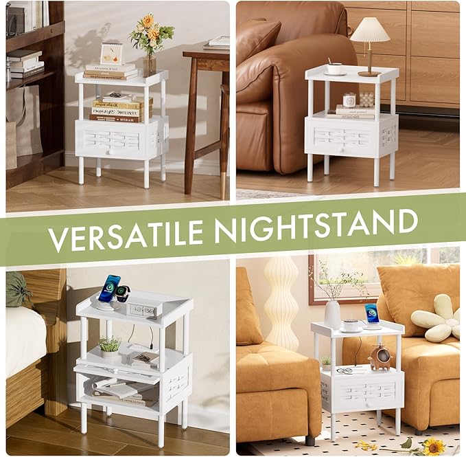 Amazer White Nightstand with Charging Station, Bamboo Night Stand