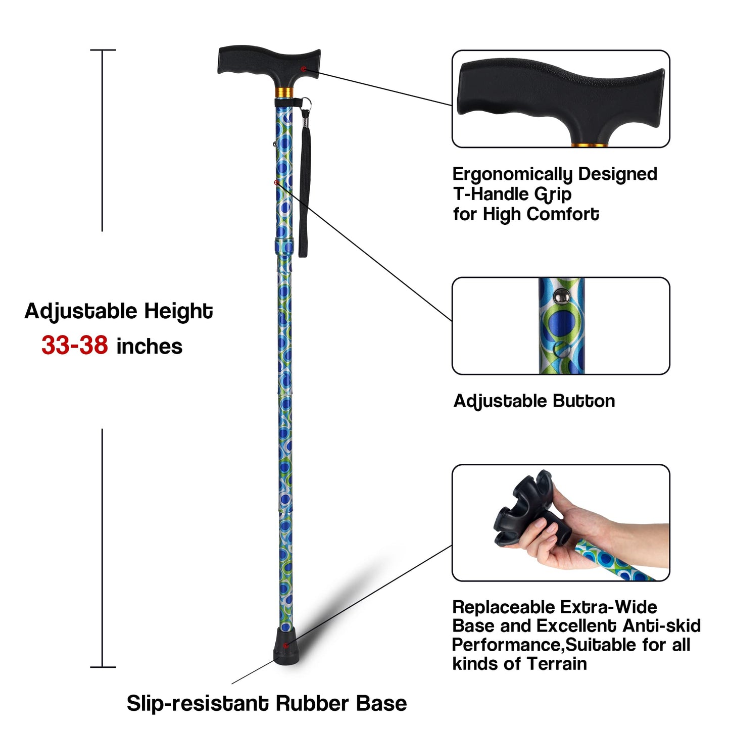 LIXIANG Walking Cane with Replacement Base-Folding Cane,Adjustable Colorful Walking Stick for Men & Women with Comfortable T-Handle,Stylish Balancing Mobility Aid.