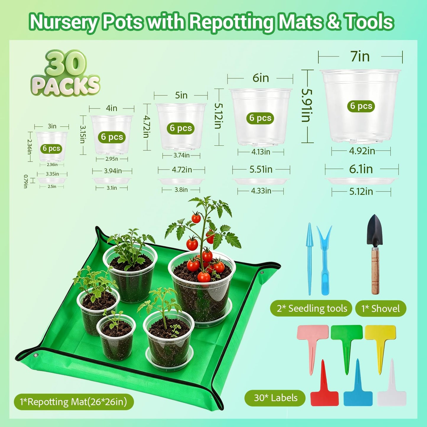 3/4/5/6/7 Inch Clear Plastic Nursery Pots with Drainage Holes and Saucers, 30Pcs Seedling Starter Flower Pots with Repotting Mat, Plant Labels and Tools Sets for Flower Herb, Succulent Transplanting