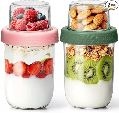 16+4oz Glass Yogurt Parfait Cups with Lids, Reusable Containers with Dry & Wet Separation, Leak-Proof for Overnight Oats, Meal Prep, Portable to Work & School, Easy Clean 2 Pack (Pink+Green)