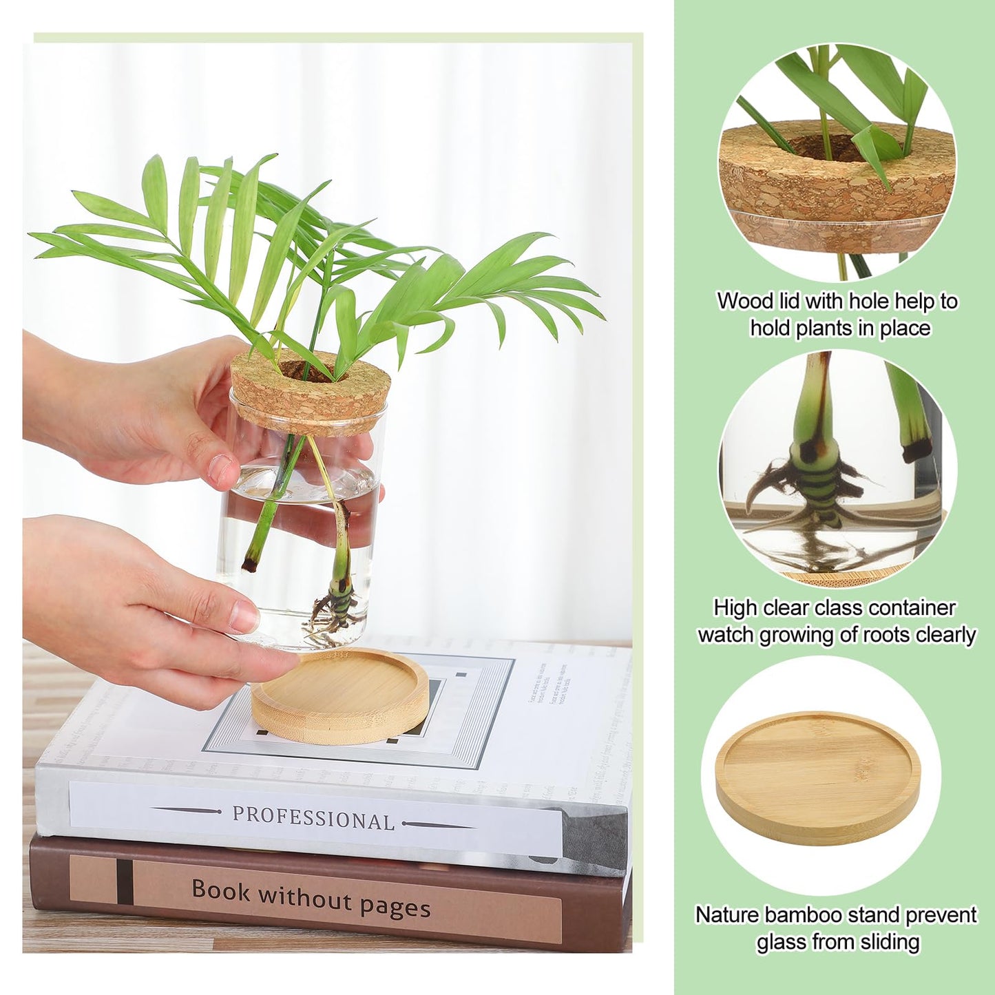 Layhit 4 Pcs Plants Propagation Stations vases Glass Planters with Wooden Lid and Bamboo Stand for Hydroponic Plants Gardening Gifts for Women Mom Home Office Tabletop Decoration(Wide Mouth Style)