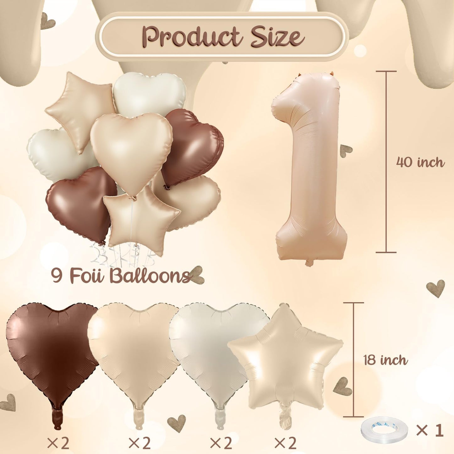 40 Inch Number 1 Balloon Decor, Cream Brown Foil Neutral Heart 1 Balloons with Taupe Star Helium Balloon for Girls Boys 1st Birthday Anniversary Baby Shower Party Boho Decoration Supplies