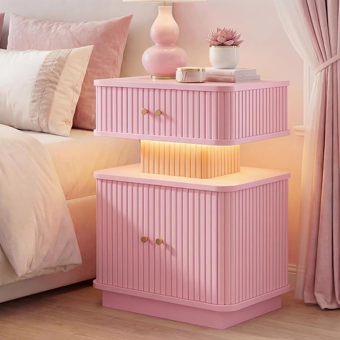 Nightstand with Charging Station, Modern Night Stand with Smart Led Light and 2