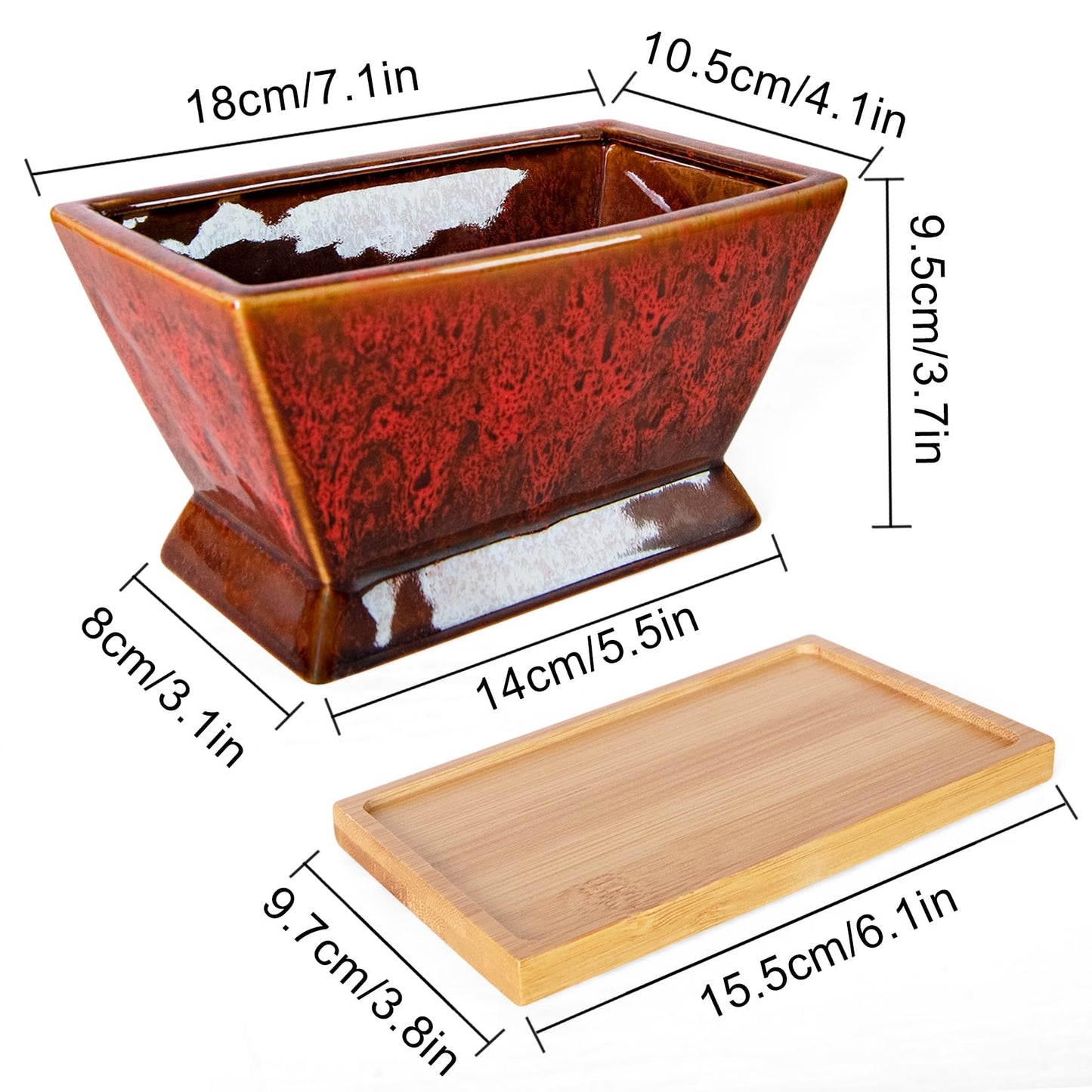 ARTKETTY Succulent Pots - 7 Inch Large Plant Pot with Drainage Tray, Shallow Ceramic Pots for Indoor Plants, Modern Cactus Bonsai Plant Container Decorative Home Office