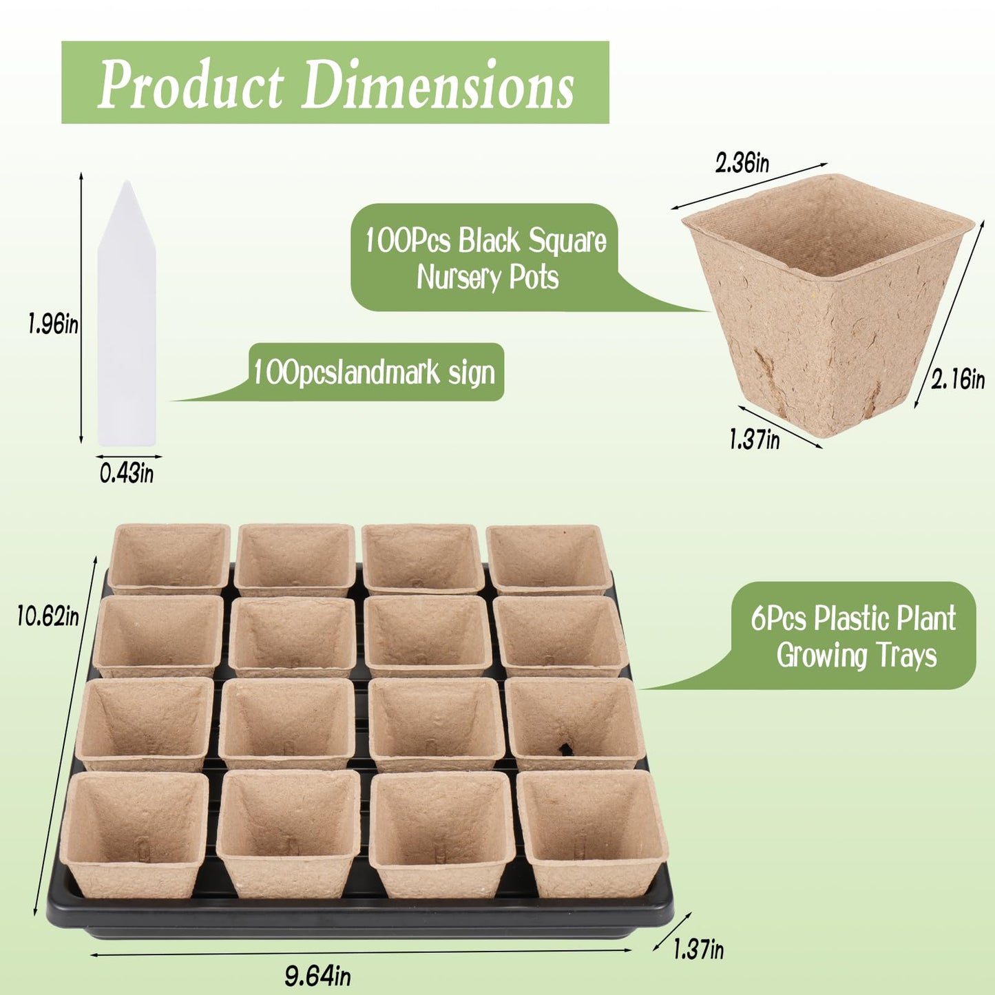 Zoketriton 100 Pcs Square Nursery Pots with Drain Holes and 6 Pcs Plastic Plant Growing Trays and Plant Labels, Seed Starter Kit Propagation Tray Seed Starting Pots for Seedling Plant Growing