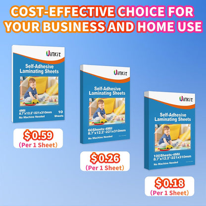 Uinkit 60PCS 4Mil Self-Adhesive Laminating Sheets, 8.7 x 12.2 Inches Clear Self-Sealing Laminating Sheets, Suitable for 8.5 x 11 Inches Letter Size, No Machine Needed