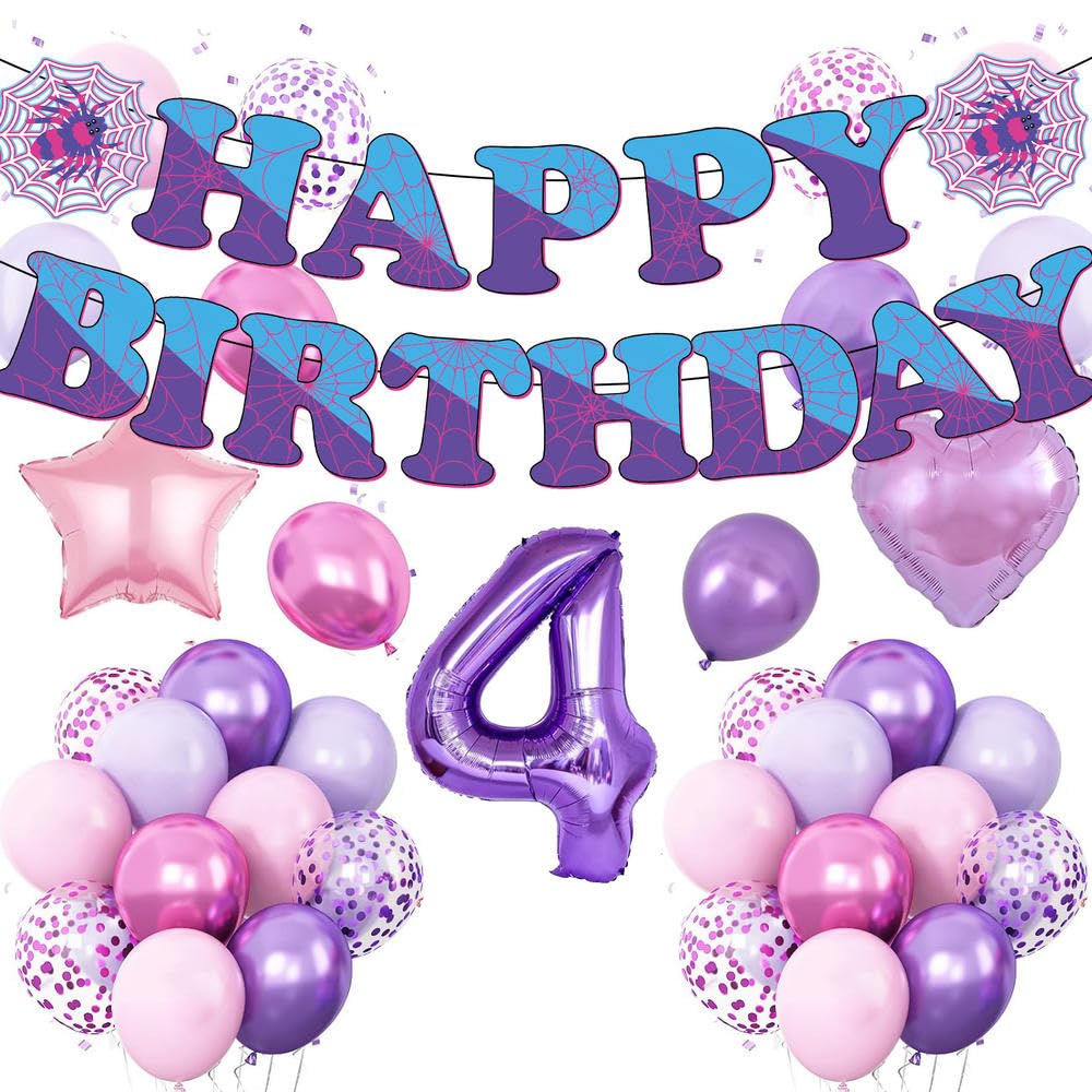 37pcs Ghost Spider 4th Birthday Decorations-Purple Number 4 Balloon,Happy Birthday Banner,Pink/Purple Balloons,Ghost Spider Theme Birthday Decor for 4 Year Old Girl Friends HB Party