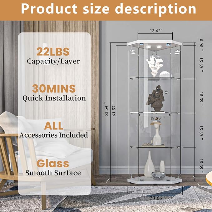 LFT HUIMEI2Y Glass Display Corner Cabinet 4-Shelf, Curio Cabinets Fast
