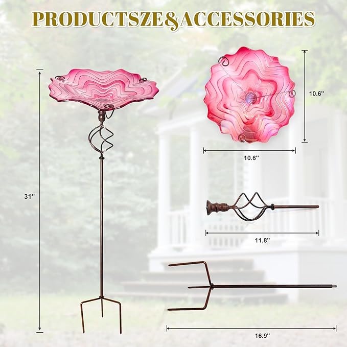 HONGLAND Bird Baths for Outside,12" Small Pink Glass Birdbaths Outdoor,Detachable Bird Feeder with Metal Stake for Garden Yard Patio Decor,32" Height