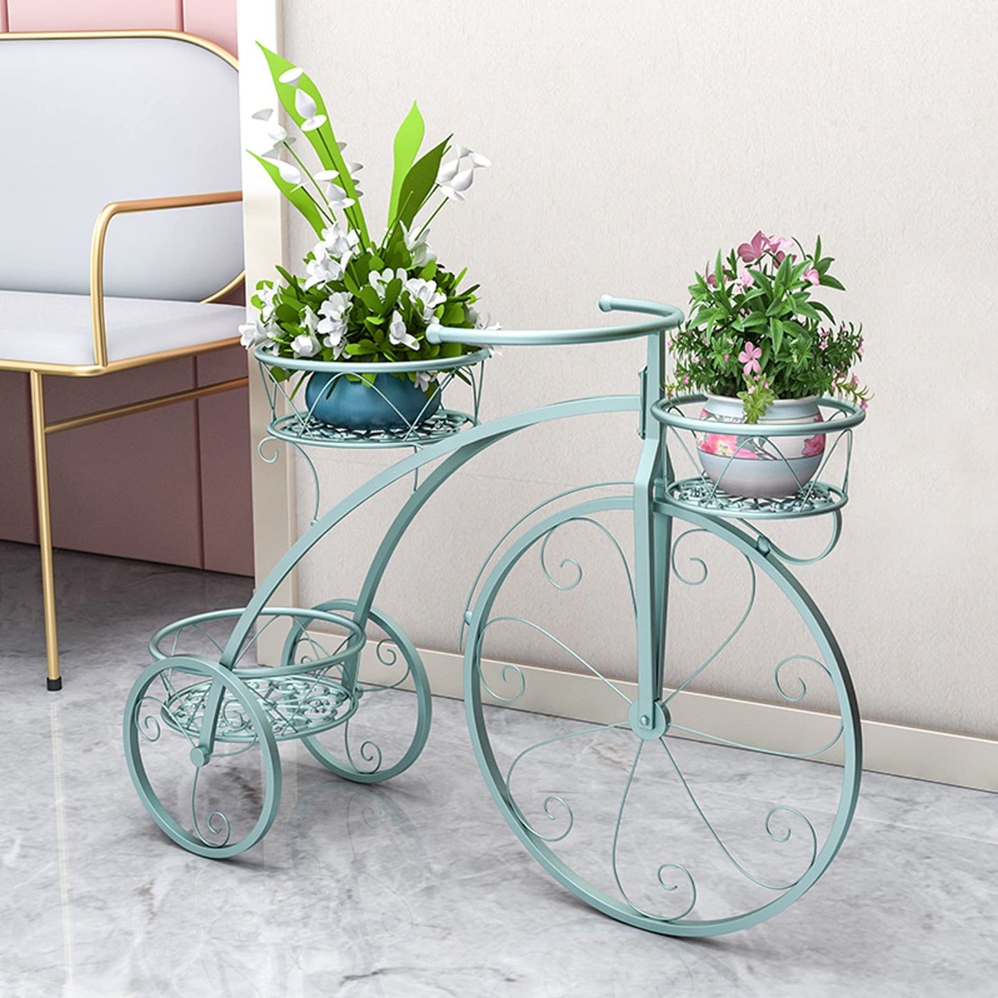 Metal Planter Rack, Bicycle Shape | Plant Flower Display Stand | Plant Shelf Indoor Outdoor Garden | Tiered Plant Stand Holder Display Stand, 3 Potted ,Blue