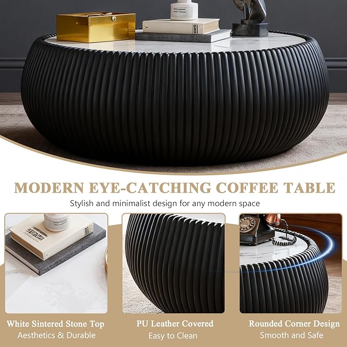 27.55" Round Marble Coffee Table, Modern Fluted Coffee Table