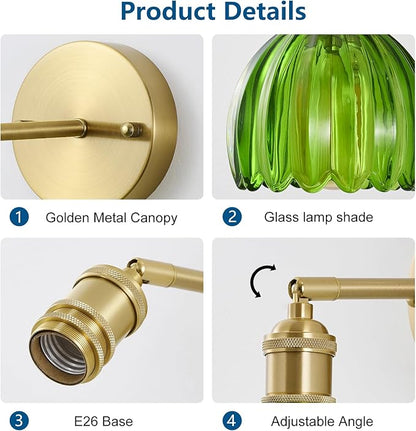 Vintage Wall Sconce 1 Pack, Green Glass Shade Gold Wall Lamp with 12 Inch Cable Switch, Modern Bathroom Wall Sconces for Bedroom Corner Hallway