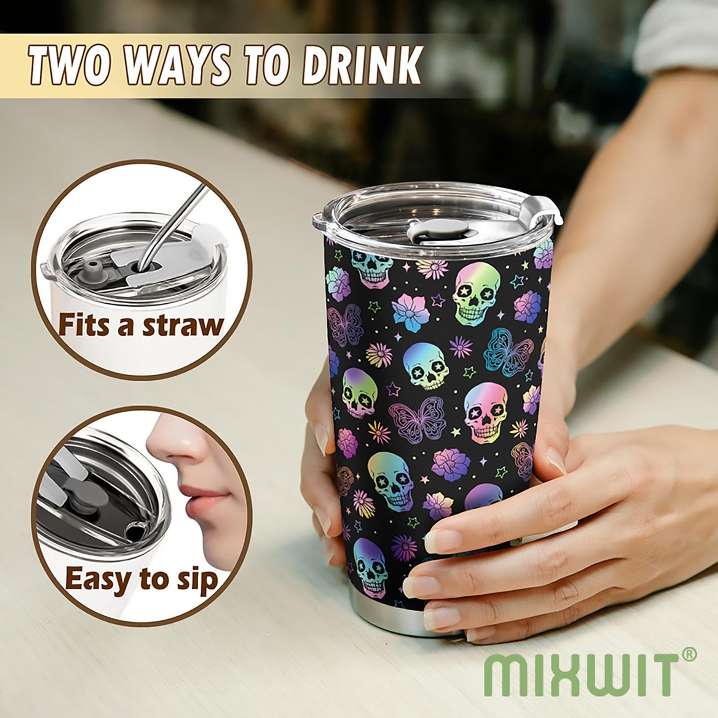 MIXWIT 20oz Rainbow Skull Stainless Steel Insulated Tumbler with Lid Colorful Floral & Butterflies Gothic Punk Style Coffee Travel Mug Cup Birthday Halloween Christmas Skull Gifts for Women