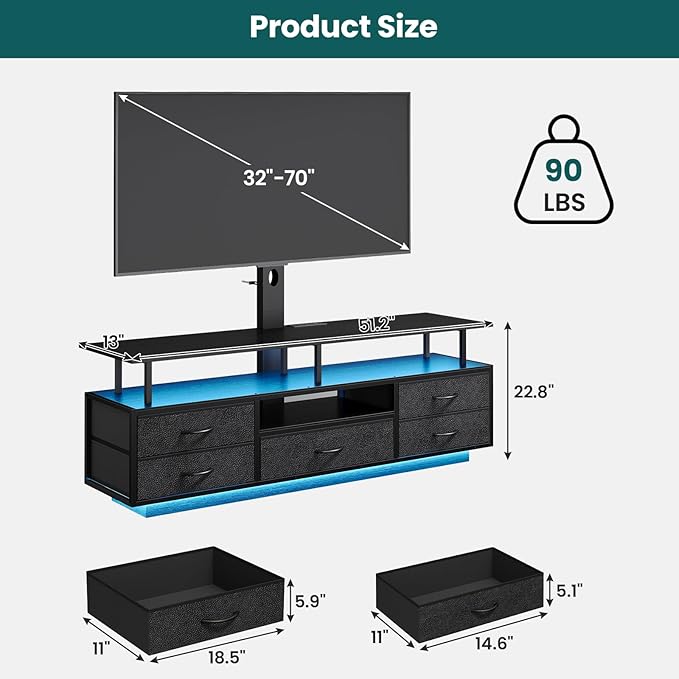 BTHFST TV Stand with Mount for 32/55/65/70 inch TVs, 51.2" LED TV Stand with