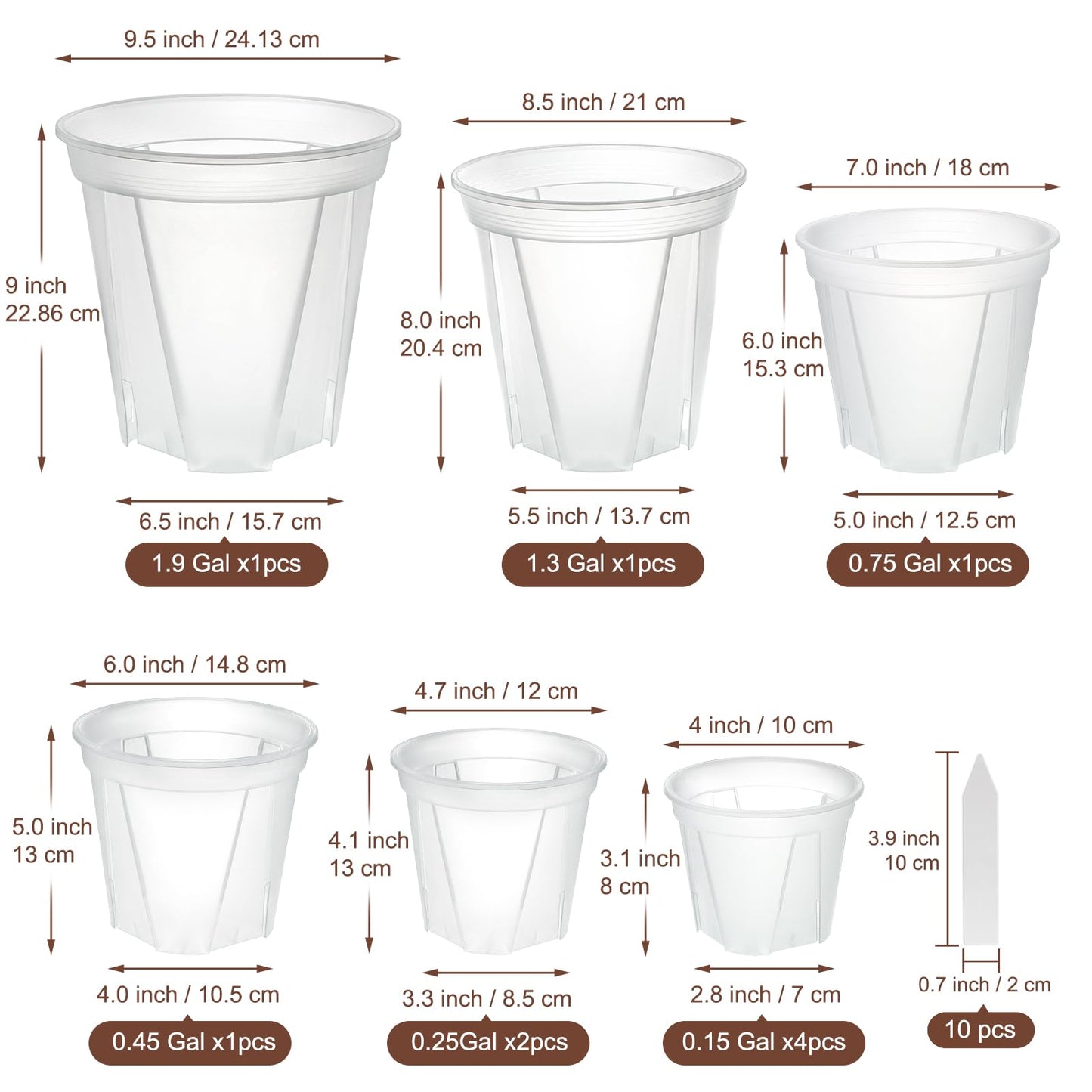 Clear Nursery Pots with Drainage, 10 Pack Transparent Plastic Orchid Planters, 6 Sizes Plant Pots 9.5/8.5/7/6/4.7/4 Inch with 10 Plant Labels for Seedlings, Succulents, Indoor/Outdoor Repotting