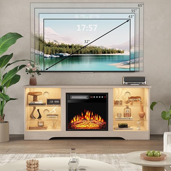 PRETZI Fireplace TV Stand with 18" Fireplace Up to 65" TVs, TV Media Console