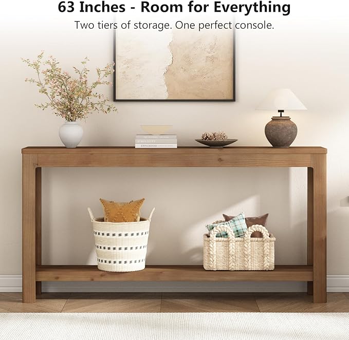 Solid Wood Console Table 63", Farmhouse Sofa Table