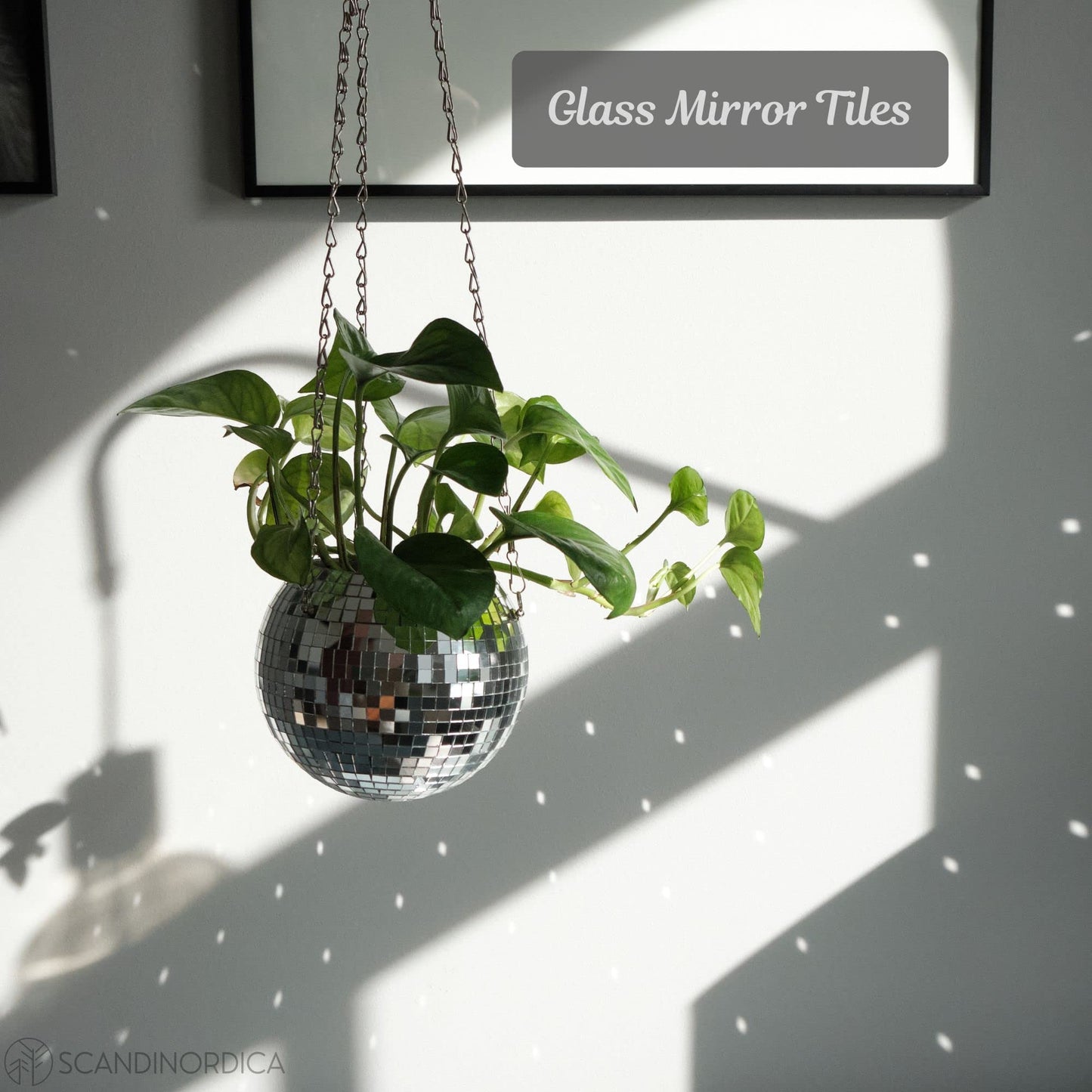 SCANDINORDICA Disco Ball Planter 6" Silver with Chain and Macrame Hanger and Disco Ball Planter Pot 4.3" with Saucer (0.3x0.3 mirror tiles)