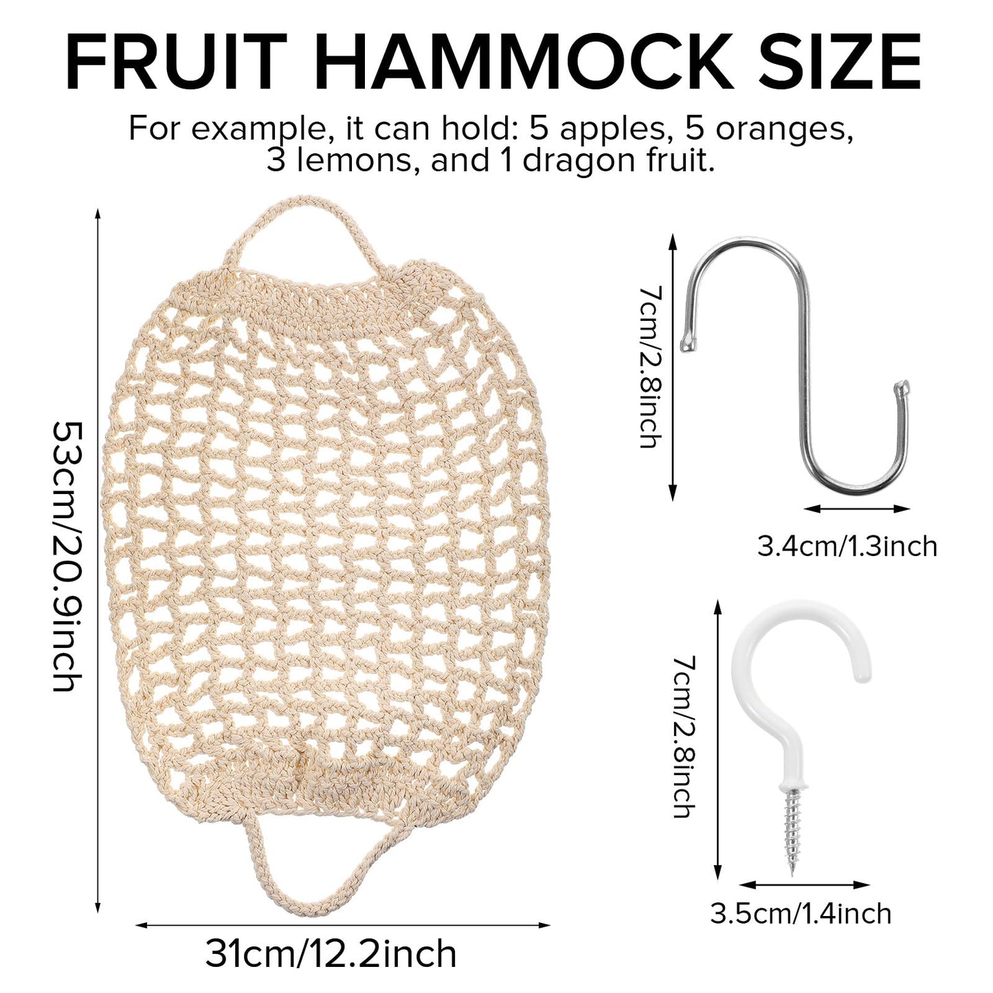 Hanging Fruit Hammock with Hooks Under Cabinet Macrame Basket for Kitchen Hand-Woven Boho Fruit Holder Net Organization Banana Basket for Home Dining Room Cabinet Decor Boat Camper Rv