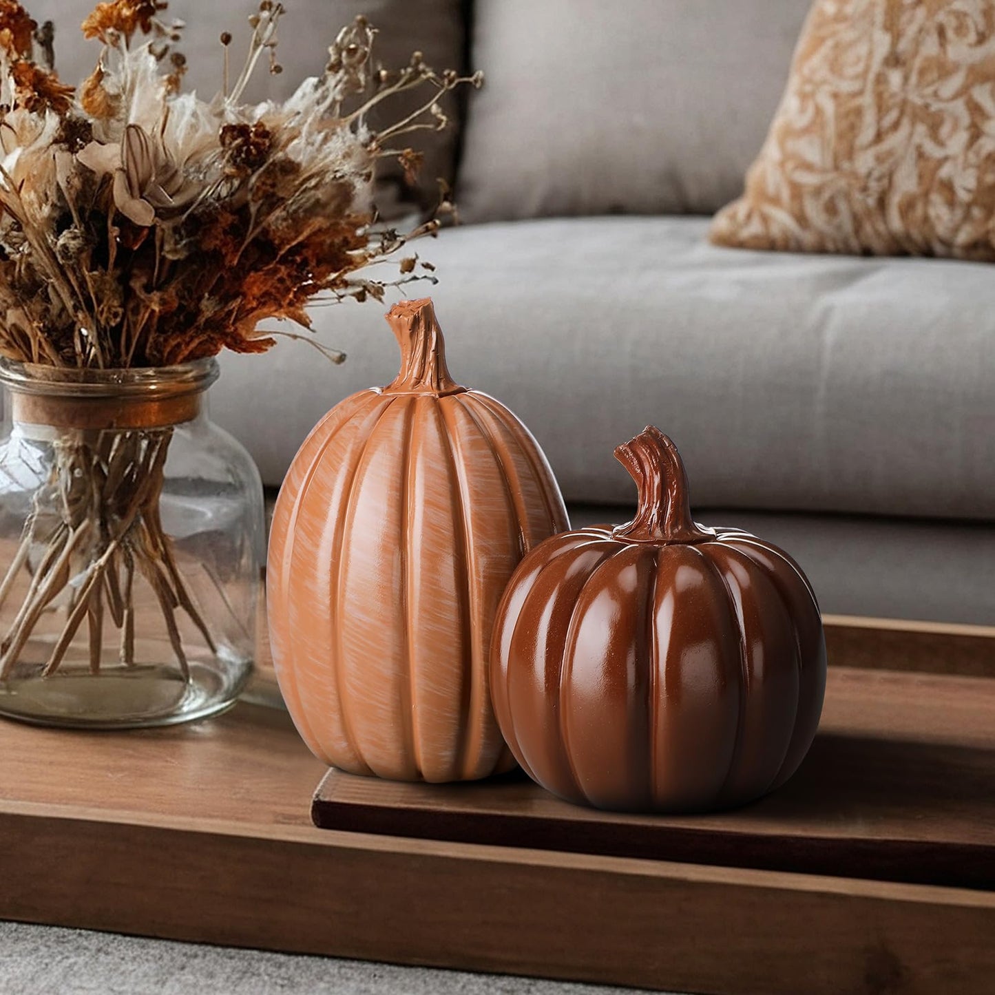 Vicenpal 2Pcs Fall Pumpkin Decor Set Artificial Resin Pumpkin Fall Artificial Fake Pumpkins Decor for Autumn Halloween Thanksgiving Tabletop Farmhouse Mantel Decoration (Shiny Brown,Fashionable Style)